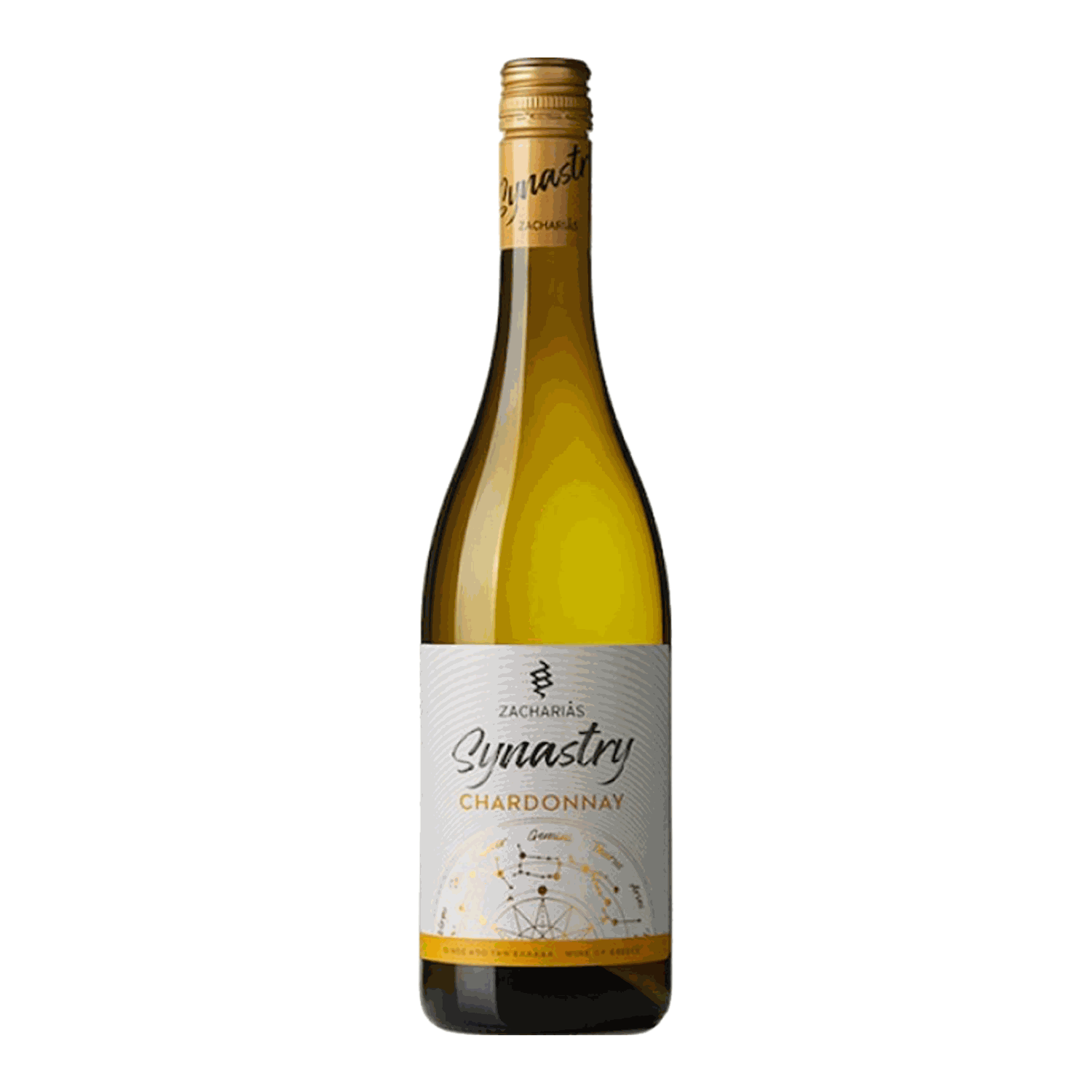 Zacharias Synastry Chardonnay 2023 trockener Weißwein aus Peloponnes mit fruchtigen und mineralischen Noten, Honigmelone, Ananas und Pfirsich