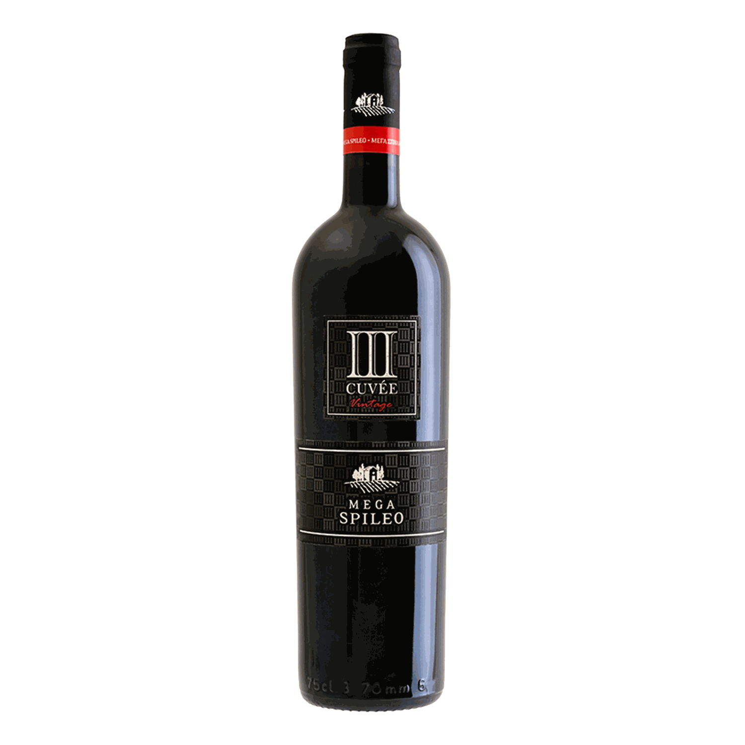 Flasche Mega Spileo Cuvee III Rotwein 2023 aus Achaia mit Mavrodaphne, Cabernet und Agiorgitiko, trocken, Barrique ausgebaut, 14% Vol.