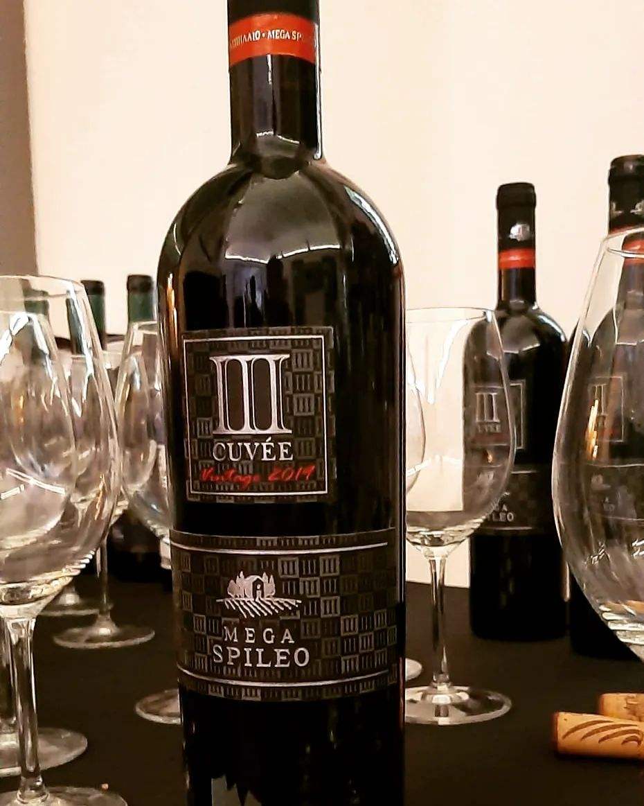 Mega Spileo Cuvee III Rotwein aus Achaia 2023 in Flasche mit Weingläsern