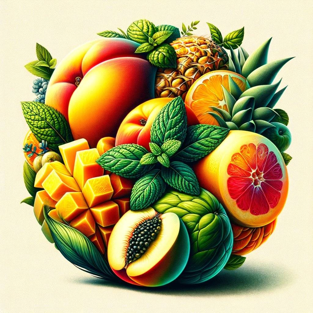 Saftige Tropische Früchte - Bunte Ansammlung von reifen Mangos, Orangen, Ananas und Papaya, umgeben von frischen Minzblättern