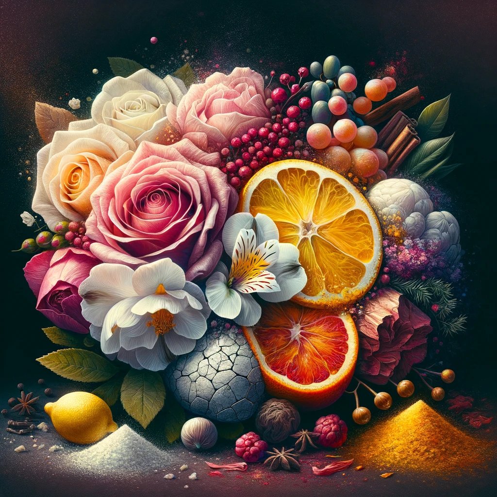 Bunte, üppige Blütenpracht: Rosen, Nelken, Zitrusfrüchte und mehr in einem eleganten Arrangements