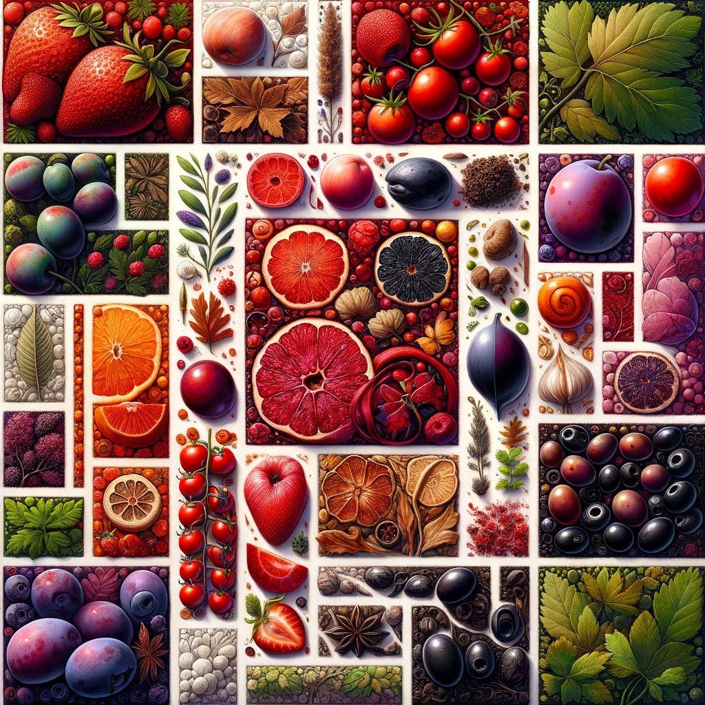 Köstliche Vielfalt an Obst und Gemüse - Tomaten, Orangen, Trauben und mehr. Frische, reife Produkte zum Genießen. Leckere Farben und Texturen.