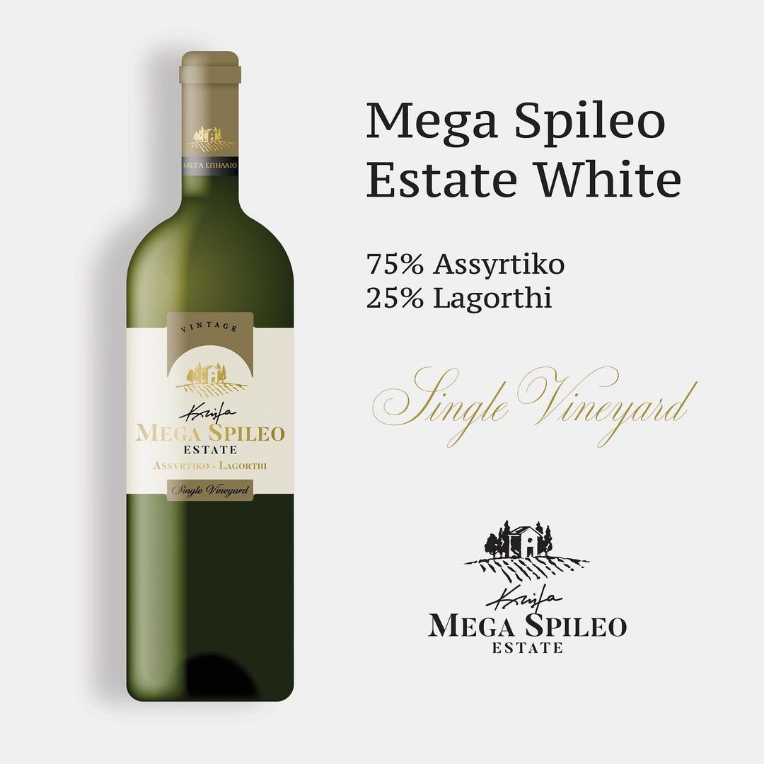 Weißwein von Mega Spileo Estate aus 75% Assyrtiko und 25% Lagorthi, aus einem Einzellagen-Weinbau.