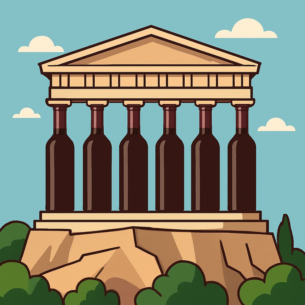 Illustration griechischer Tempel mit Mavrodaphne Weinflaschen