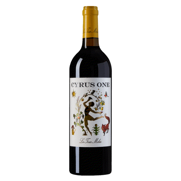 Flasche La Tour Melas Cyrus One Rotwein Jahrgang 2022 mit gelbem Verschluss und künstlerischem Etikett