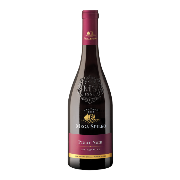 Mega Spileo Pinot Noir in einer eleganten Flasche mit rotem Etikett und goldener Schrift