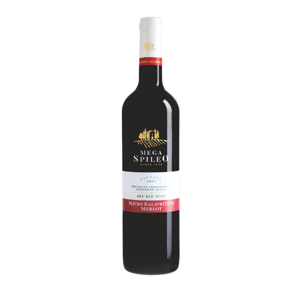 Mega Spileo Mavro Kalavritino-Merlot in einer schlanken Flasche mit rotem Etikett und schwarzem Logo