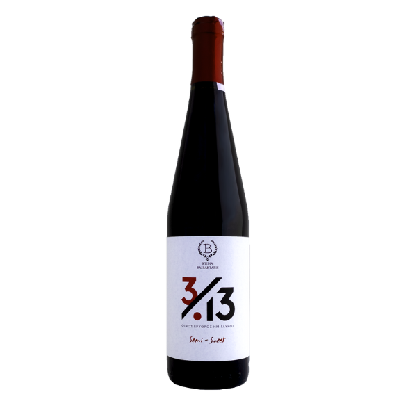 3./13 Ktima Bairaktaris Halbsüßer Rotwein aus Agiorgitiko in eleganter Flasche mit modernem Etikett