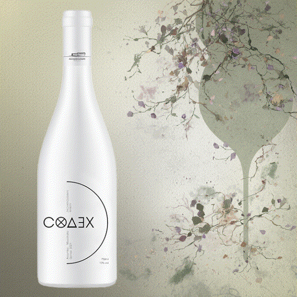 Flasche Codex White Weißwein mit mediterranem Etikett und Bio-Zertifizierung