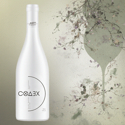 Flasche Codex White Weißwein mit mediterranem Etikett und Bio-Zertifizierung