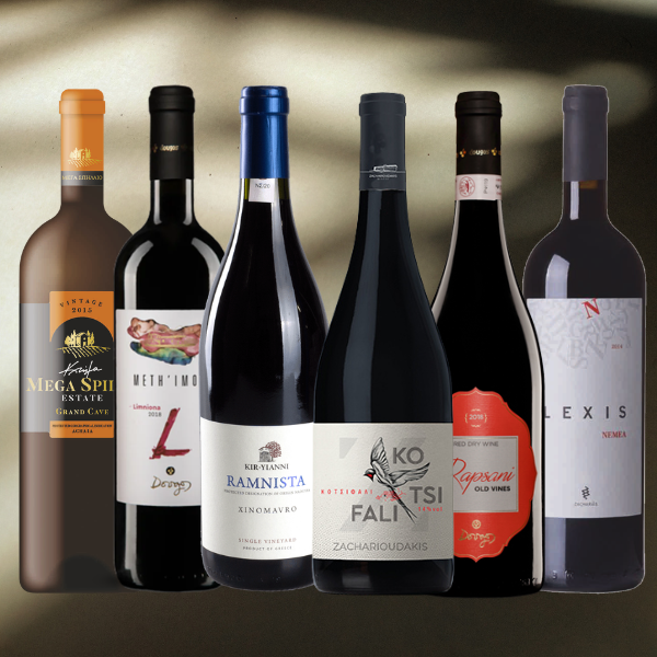 Probierpaket Griechische Rotweinsorten von vineas.shop mit sechs verschiedenen trockenen Weinen in eleganter Präsentation