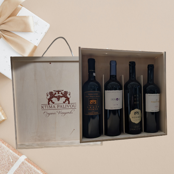 Palivou Rotwein-Paket in Original Palivou 4er Holzkiste mit vier verschiedenen Rotweinen