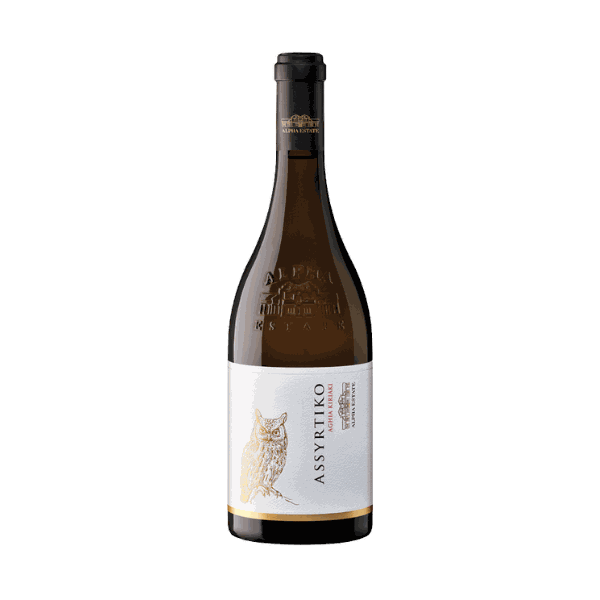 Ecosystem Assyrtiko Weinflasche &quot;Aghia Kiriaki&quot;, weiße Etikette mit Eule.