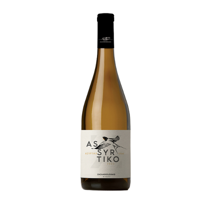 Assyrtiko Zacharioudakis Bio 2023 white wine bottle from Heraklion Kreta with dry, mineral, citrus flavor and vegan certification