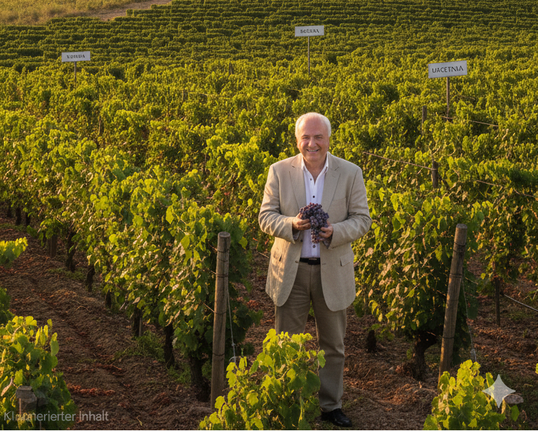 Mann im Anzug hält Trauben in einem Weinberg mit Reben und Schildern im Hintergrund.