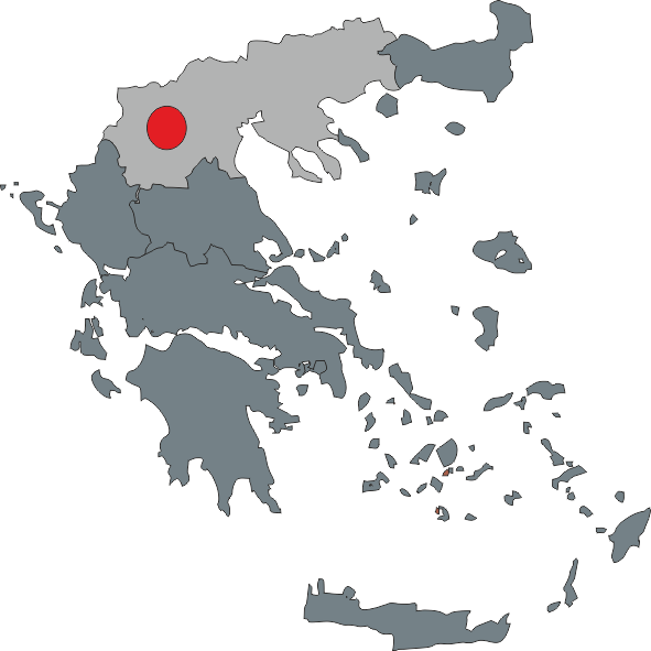 Karte von Griechenland mit hervorgehobener Region im Norden, rot markiert.
