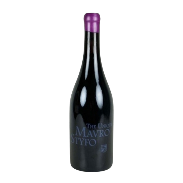 Der Unique Mavrostyfo von Papargyriou Estate in einer eleganten Flasche mit lila Kapsel und schwarzem Etikett.