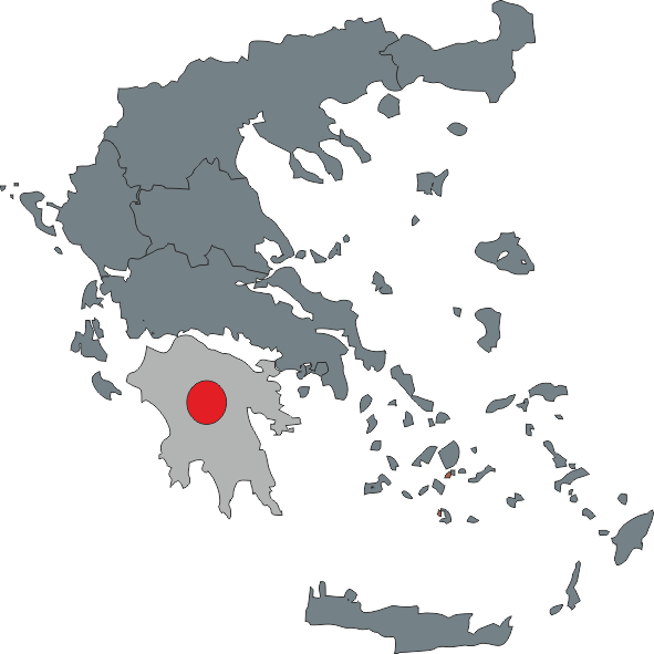 Kartenbild von Griechenland mit hervorgehobener Region um den Peloponnes in rot.