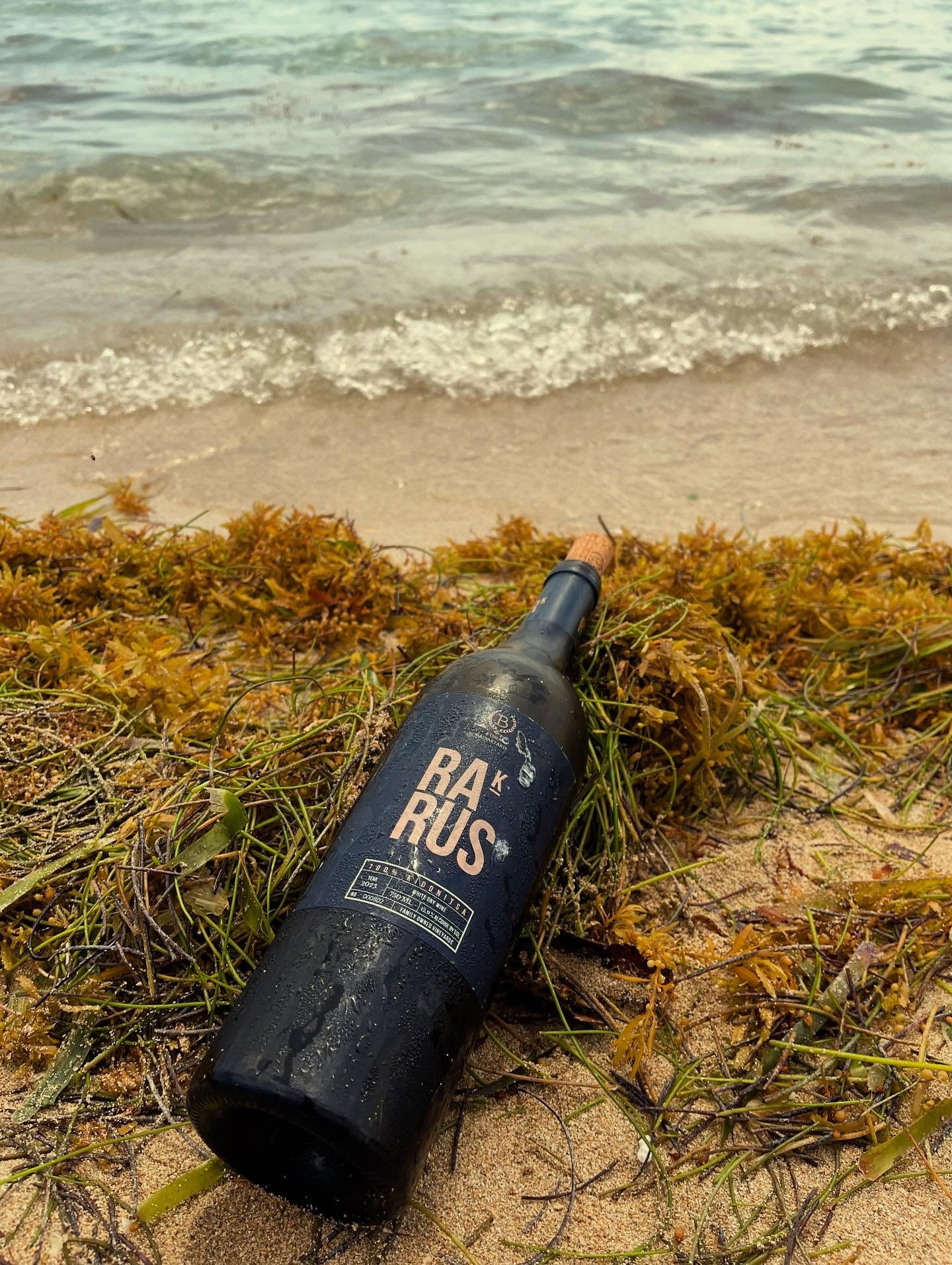 Ktima Bairaktaris Rarus Kydonitsa in schwarzer Flasche, sortenrein und trocken, am Strand mit Algen.