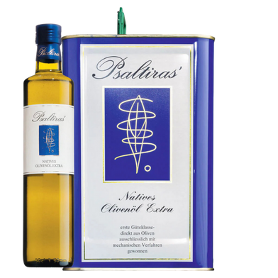 Psaltiras Natives Olivenöl Extra in Flasche 500 ml und Kanister 5 Liter mit grünem Verschluss