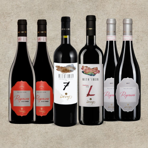 Probierpaket Rapsani Rotweine von vineas.shop mit verschiedenen Rotweinen in eleganten Flaschen