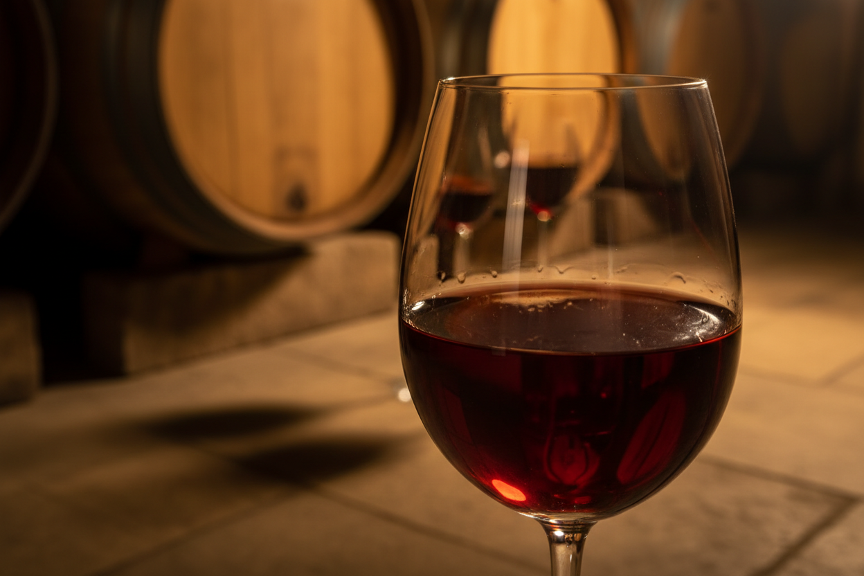Glas Mavrodaphne Rotwein im traditionellen griechischen Weinkeller