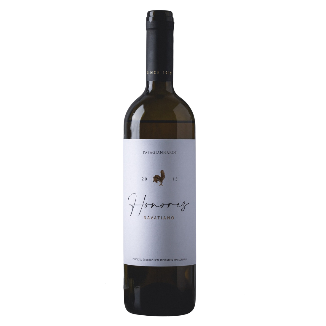 Papagiannakos Honores 2015 Savatiano in einer eleganten weißen Flasche mit minimalistischer Etikettierung