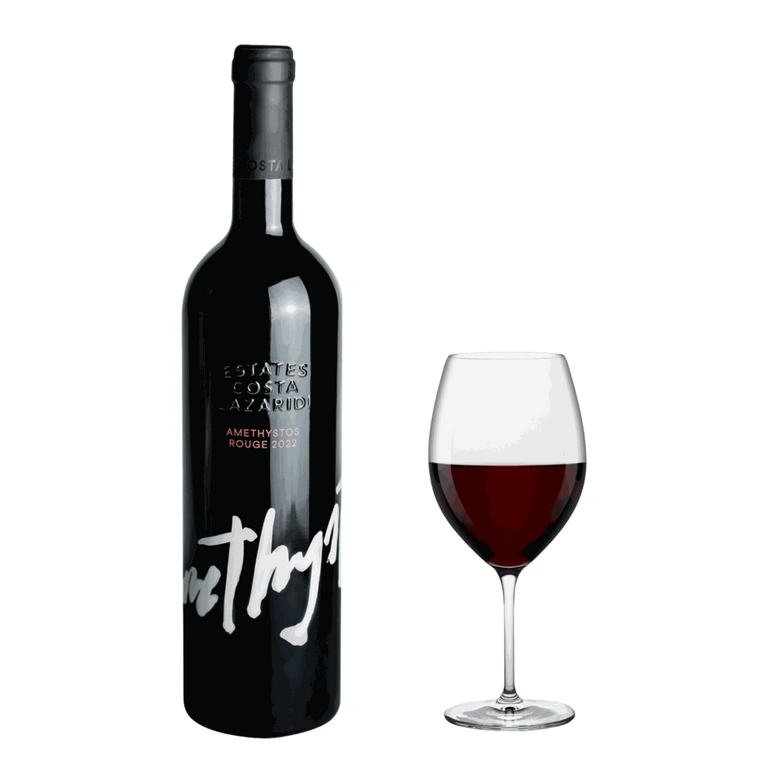 Amethystos Red Flasche und Glas mit rubinrotem Wein aus Drama PGI, Cabernet Sauvignon, Merlot und Agiorgitiko, 2022 Jahrgang