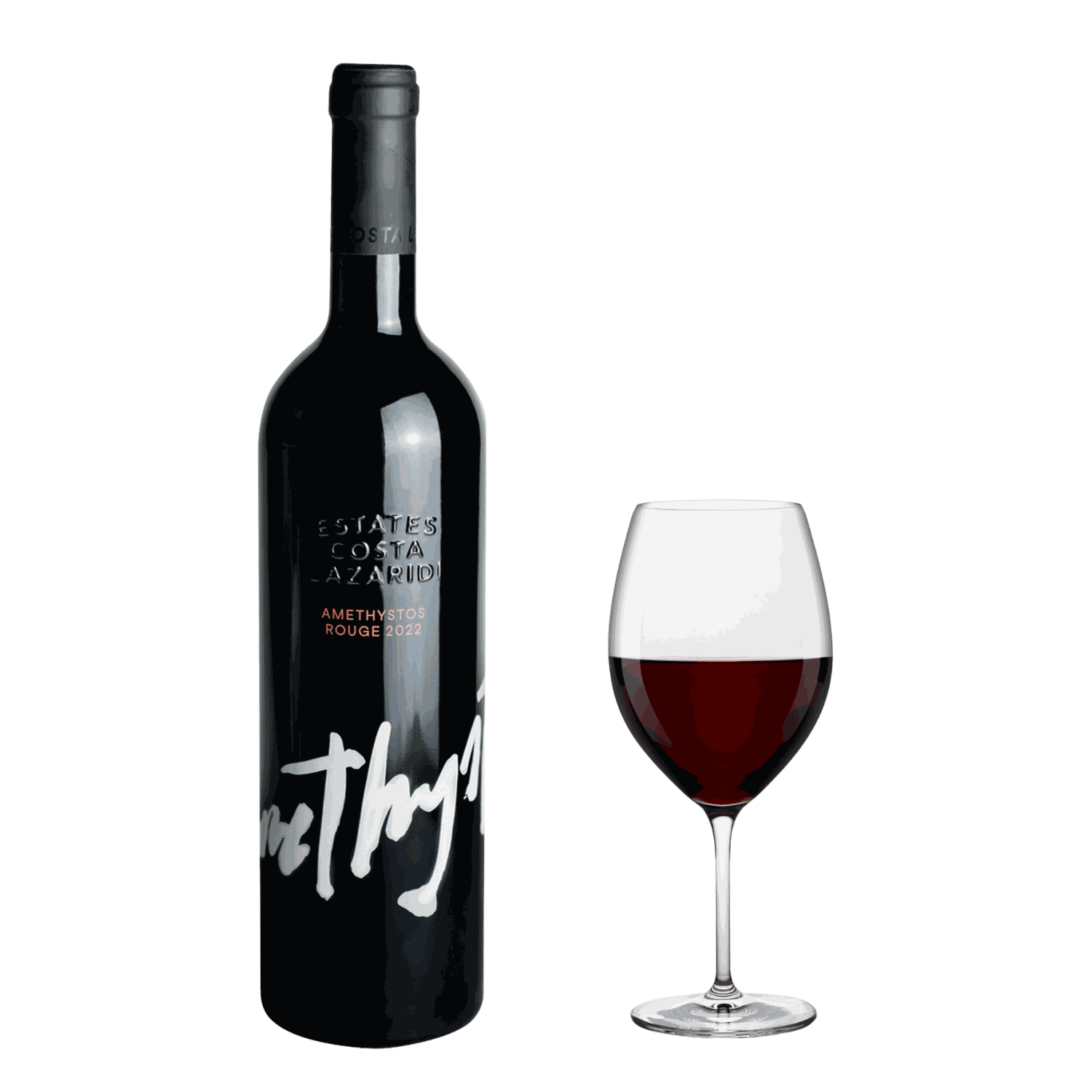 Amethystos Red Flasche und Glas mit rubinrotem Wein aus Drama PGI, Cabernet Sauvignon, Merlot und Agiorgitiko, 2022 Jahrgang