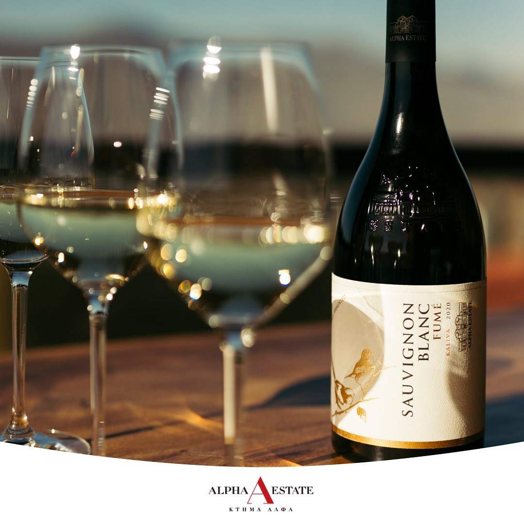 Ecosystem Sauvignon Blanc Fumé Weinflasche mit Weißwein und Gläsern auf Holzplatte, goldgelber Wein mit fruchtigem Aroma
