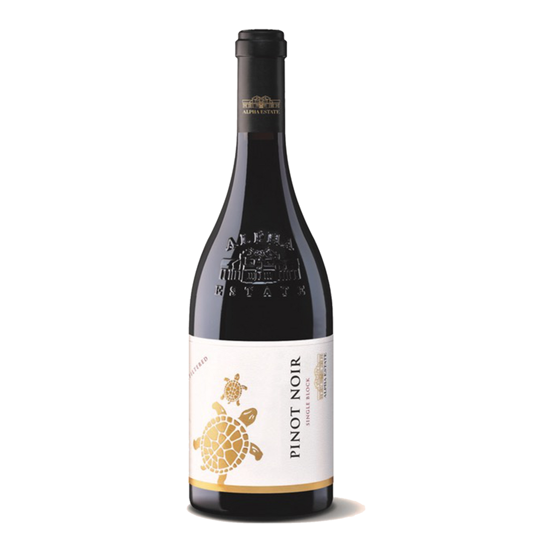 Pinot Noir Rotwein von Alpha Estate, eleganter Rotweinflasche mit Etikett zeigend
 Schildkröten-Motiv