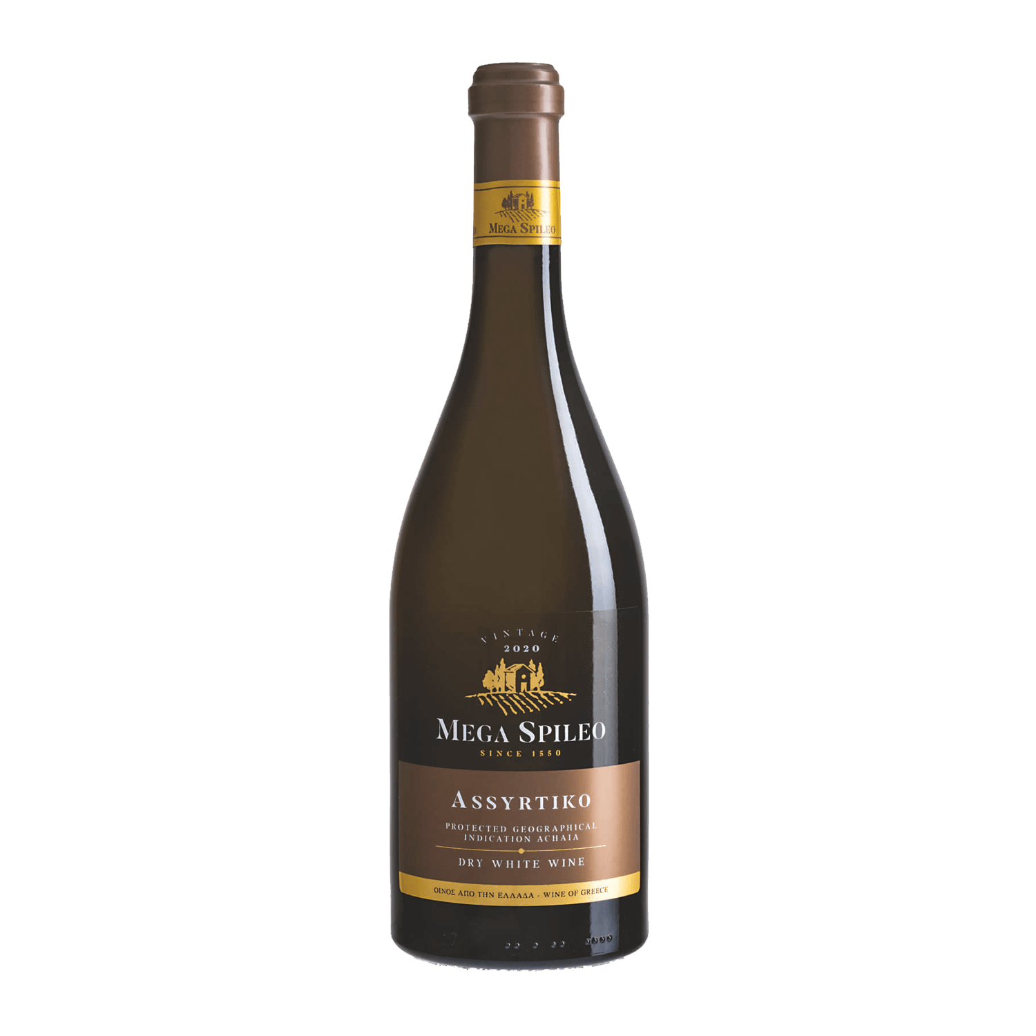 Mega Spileo "Assyrtiko" Greek white wine bottle with golden label