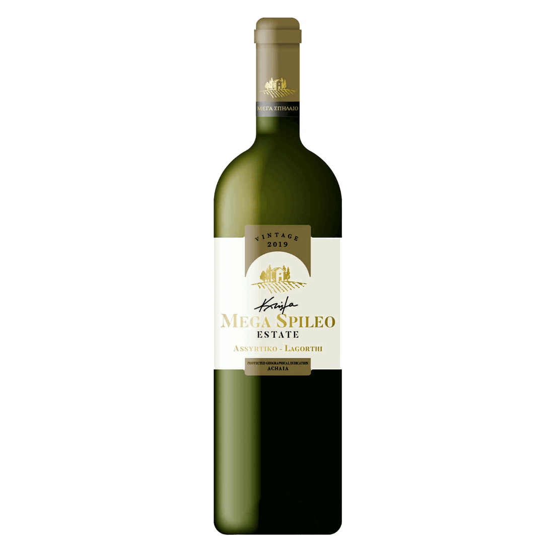 Mega Spileo Domaine White Weinflasche aus Assyrtiko und Lagorthi Trauben, Jahrgang 2019, aus Achaia PGI, Holzfass ausgebaut, mit natürlichem Korkverschluss.
