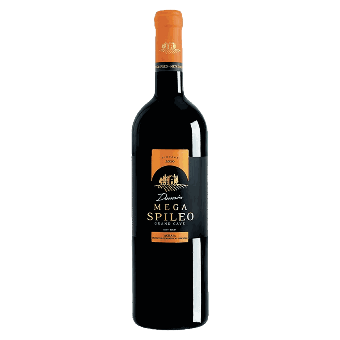 Flasche Mega Spileo Grande Cave Rotwein Achaia 2016 mit orangefarbenem Verschluss