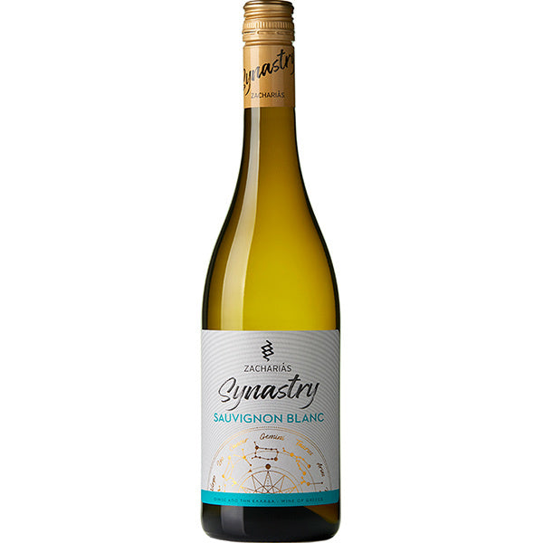 Zacharias Synastry Sauvignon Blanc - Eleganter griechischer Weißwein in einer modernen Flasche mit astralen Motiven, direkt importiert von der Vineas.shop, dem Spezialisten für griechische Weine.